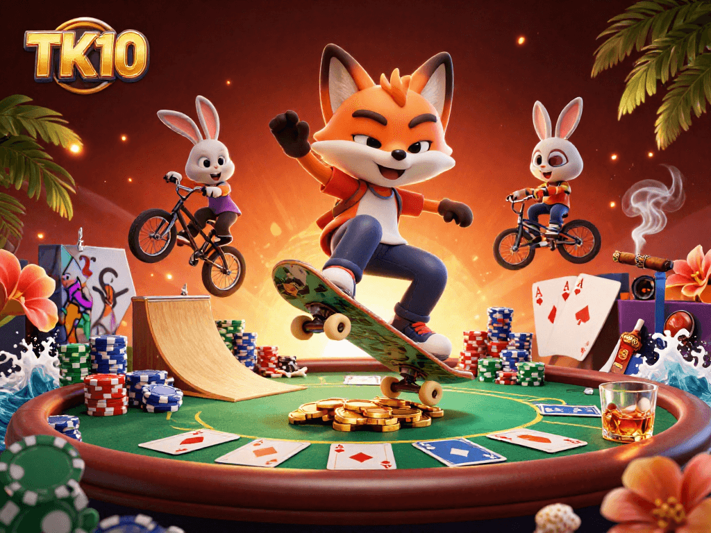 Win big at TK10 with a thrilling 3D betting scene filled with poker and casino elements.