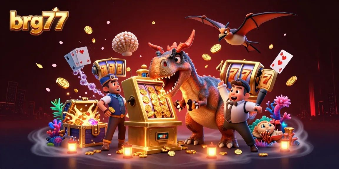 Watch brg77's cartoon creature win jackpots at a dynamic casino scene with slot machines and golden coins.