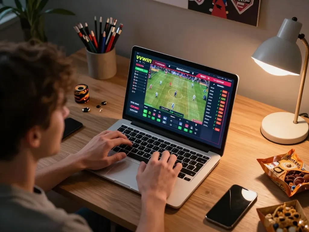 Engaged bettor exploring live sports odds on vvvwin during an exciting game.