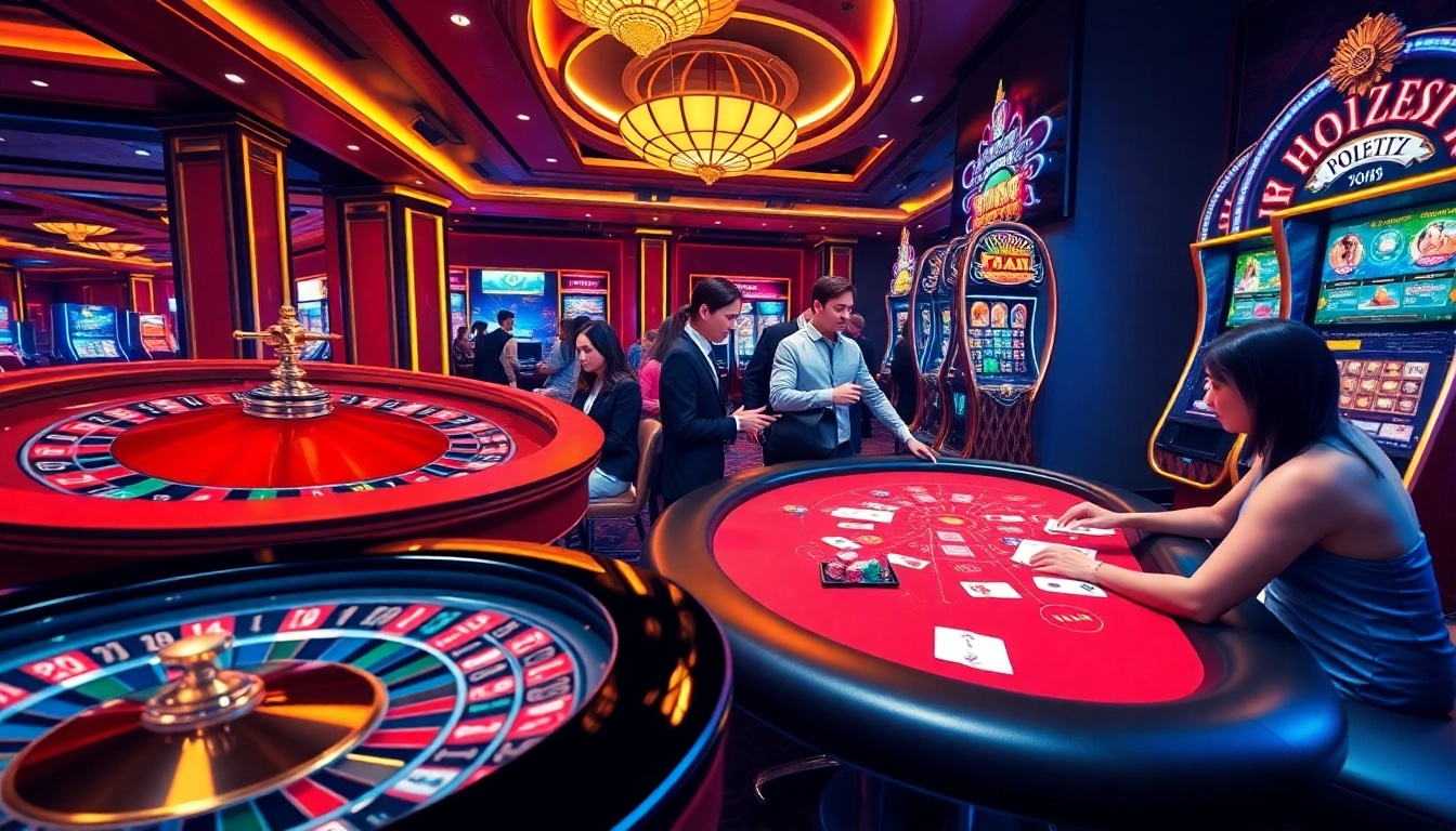 XIN88 online gamblers enjoying a luxurious casino experience with vibrant tables and exciting slot machines.