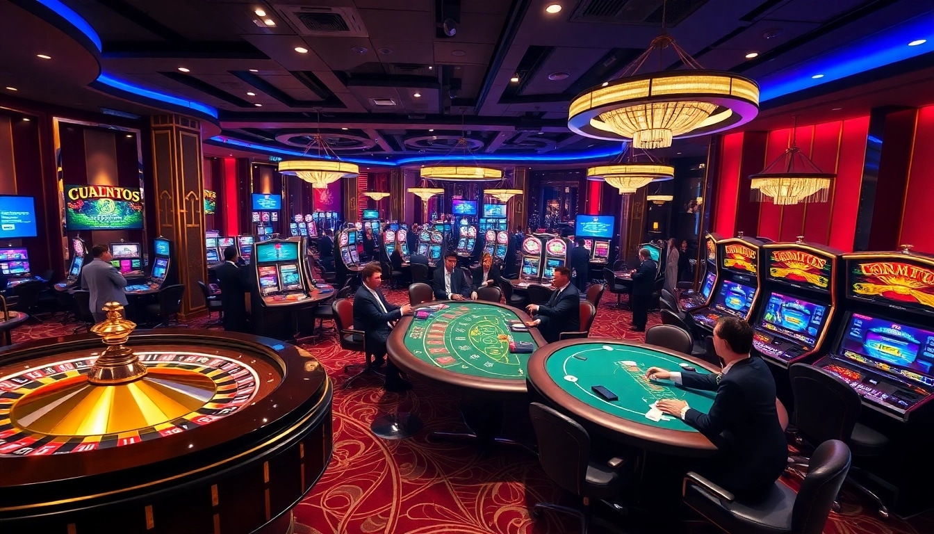 Engaging casino atmosphere at https://lv88.ltd/, featuring roulette, poker, and vibrant slot machines.