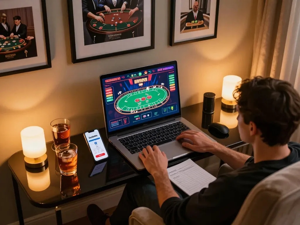 Experience strategic online gambling at Luckywin with a vibrant home gaming setup showcasing poker gameplay.