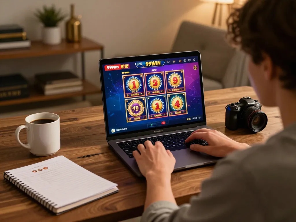 Play casino games on 99Win in a cozy home environment with a laptop setup.