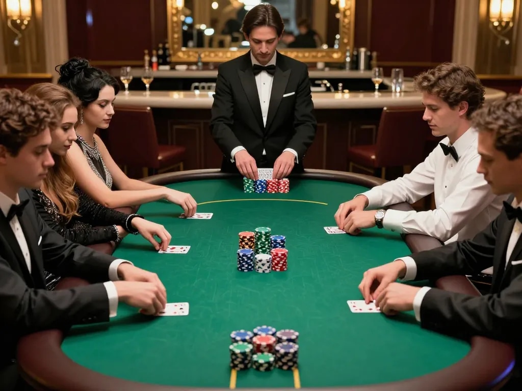 Pemain terlibat dalam permainan poker yang menarik di SURYA999, menampilkan chip yang berwarna-warni dan fokus yang intens.