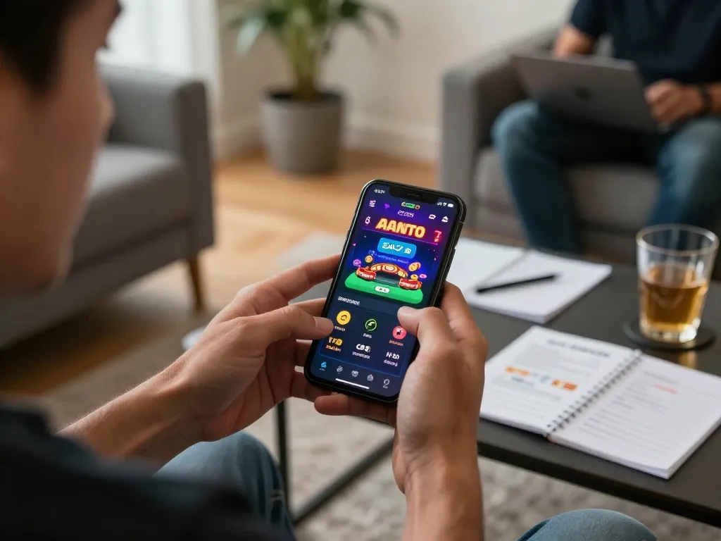 A player enjoying EA77 info mobile casino app while tracking strategy notes in comfortable home setting
