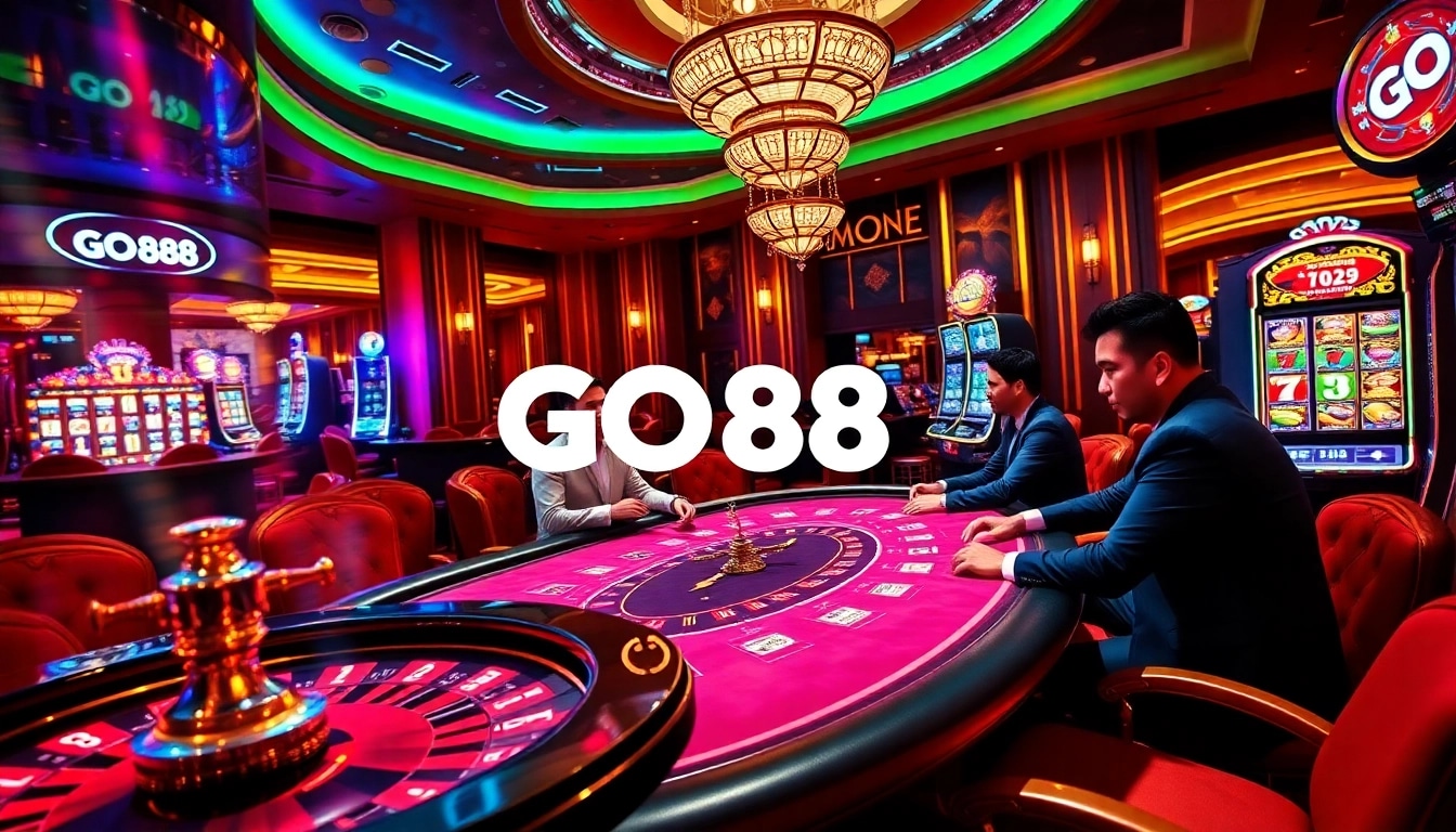GO88 players at an exciting poker table, showcasing thrilling gambling action in a luxurious casino.