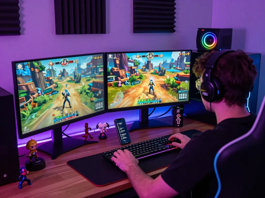 Engaging player immersed in a vibrant 3D porn game, showcasing exciting graphics and a dynamic gaming setup.