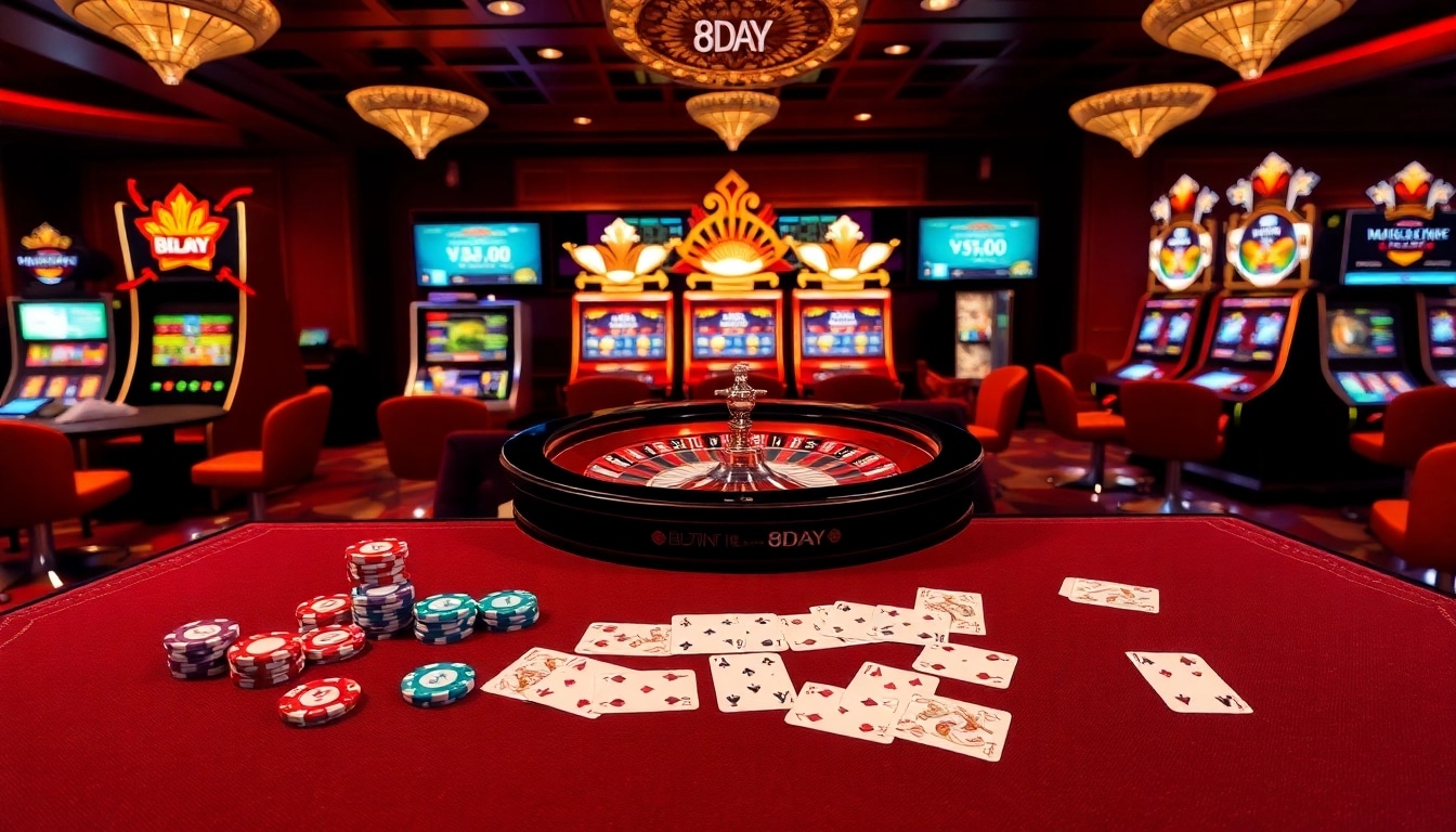 8DAY casino table with colorful poker chips and roulette wheel in a luxurious setting.
