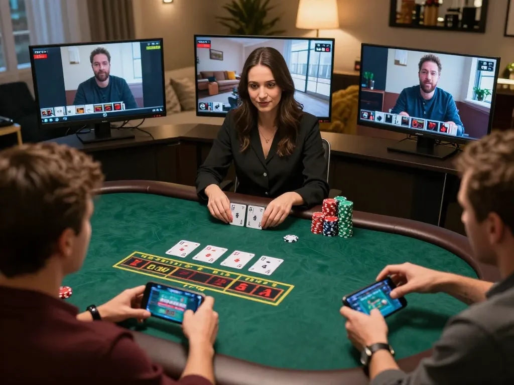 Engaged players at 789P online casino live dealer blackjack game, capturing excitement of strategic gameplay