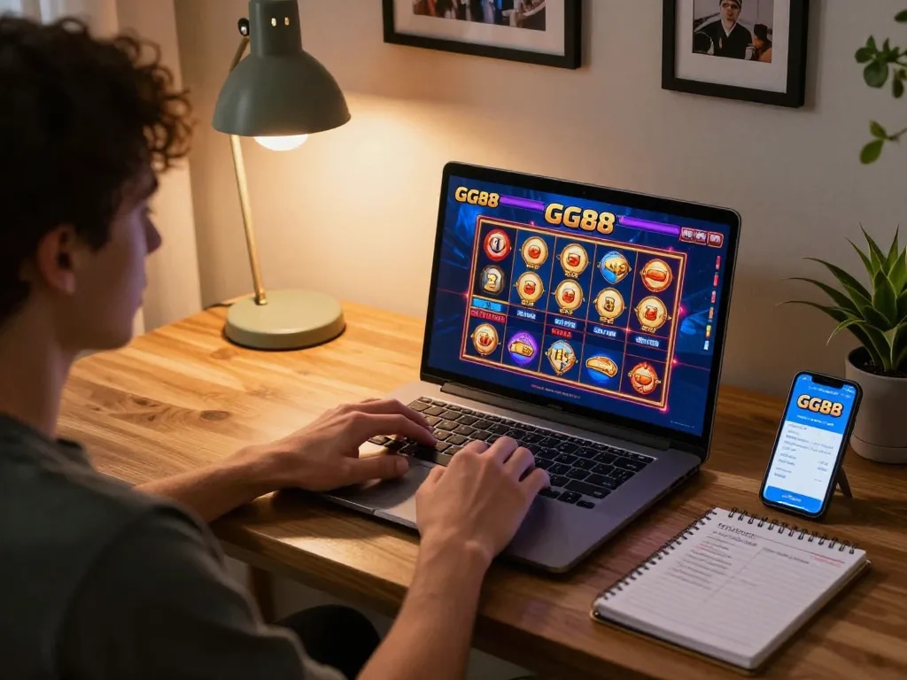 Engaging online gaming scene showcasing GG88 casino on a laptop with strategic notes nearby.