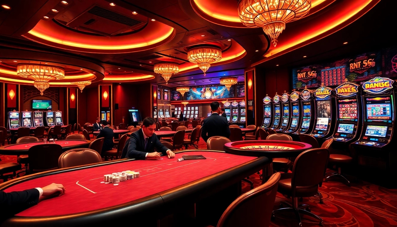 Engaging scene of gambling excitement at https://u888f.design/ with professional players at poker tables and vibrant slot machines.