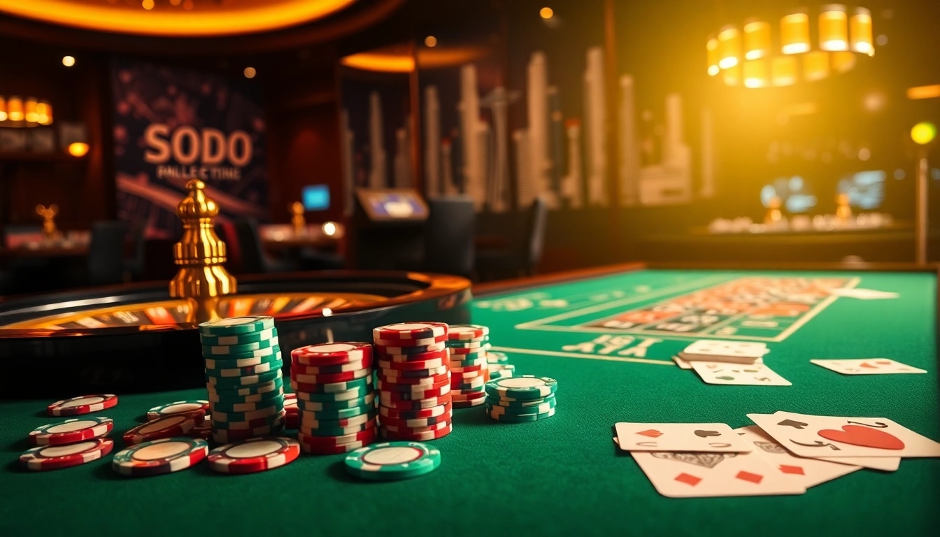 Experience thrilling gameplay at SODO, featuring vibrant casino tables with cards and roulette wheels.