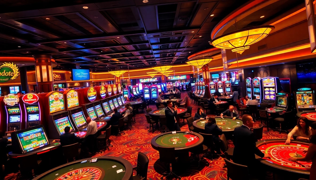 Players enjoying the excitement of casino games at https://thabethome.com/ with flashing slot machines.