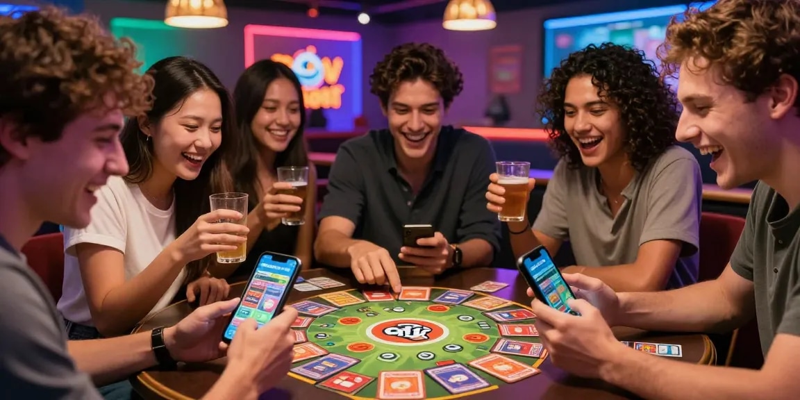 Friends playing 3 Patti Loot card game on smartphones, vibrant entertainment atmosphere.