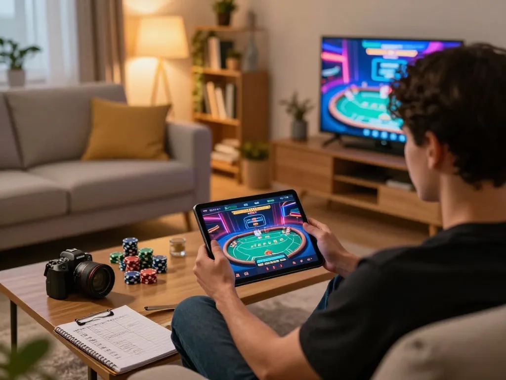 Engaging in exciting online gaming at 789 CLUB while utilizing a tablet for poker strategy in a cozy living room.