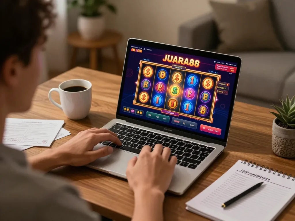 Engaging with JUARA88's online slots while enjoying a comfortable home gaming setup.