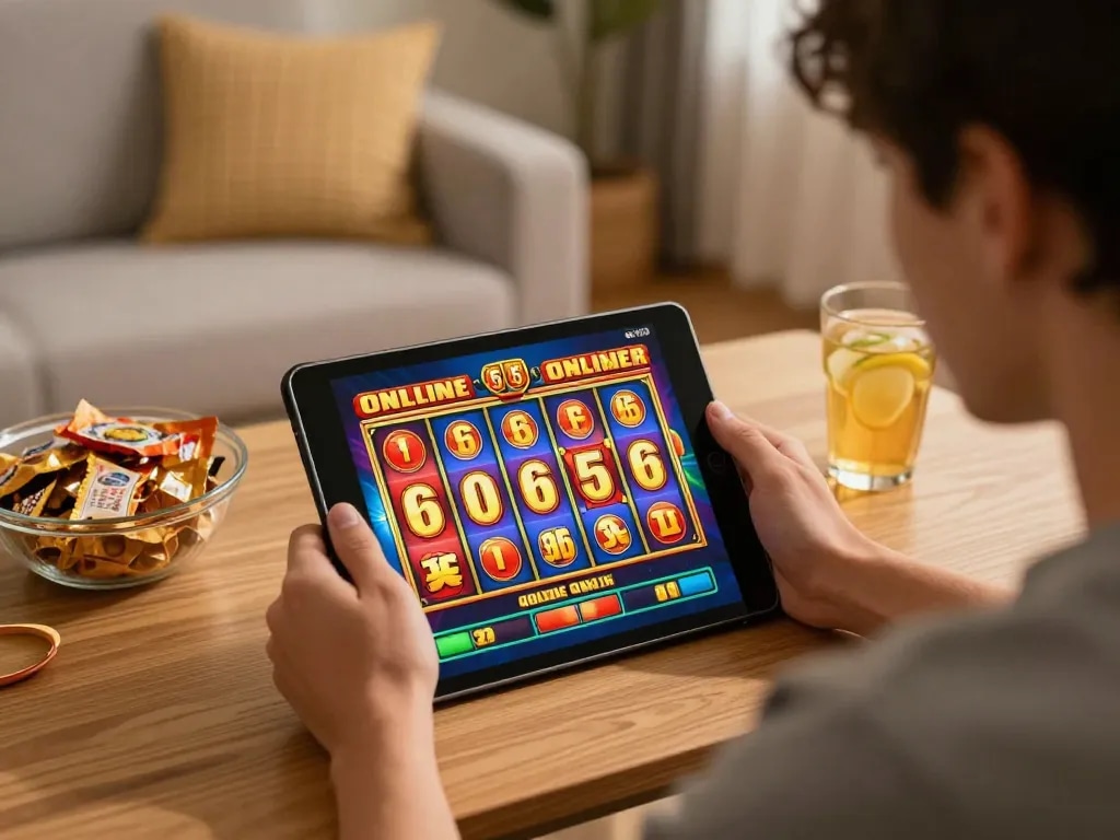 Pemain menikmati permainan slot toto di tablet di rumah, mencerminkan suasana bermain yang santai.