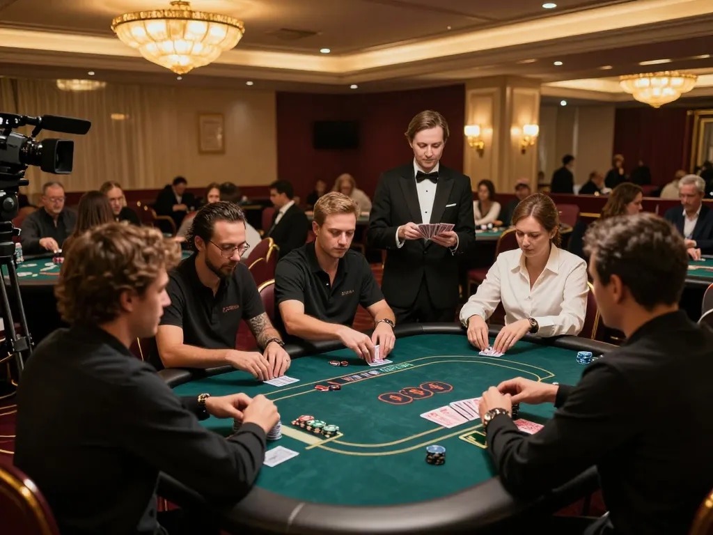 Pemain terlibat di https://www.theshackok.com/ menikmati poker berisiko tinggi di bawah cahaya kasino yang hangat.