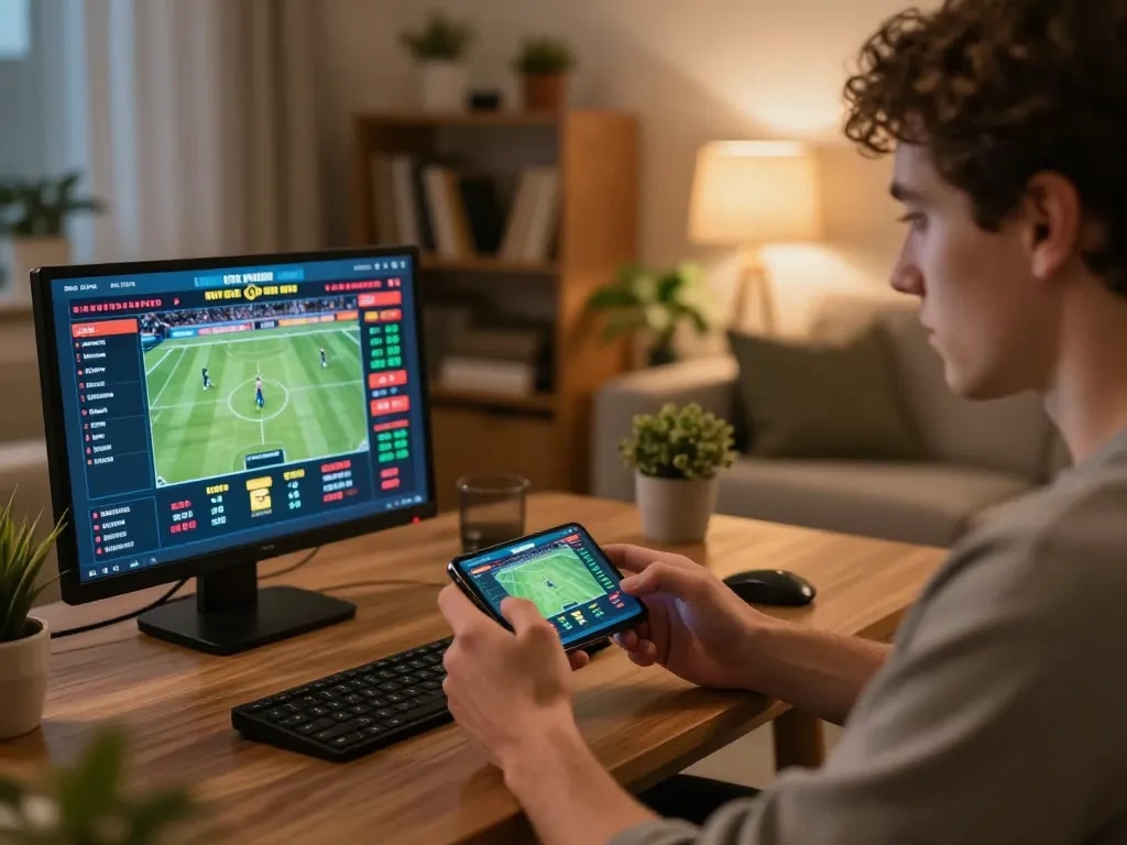 Player engaging in nk88 mobile sports betting at home, displaying strategic focus and a cozy atmosphere.