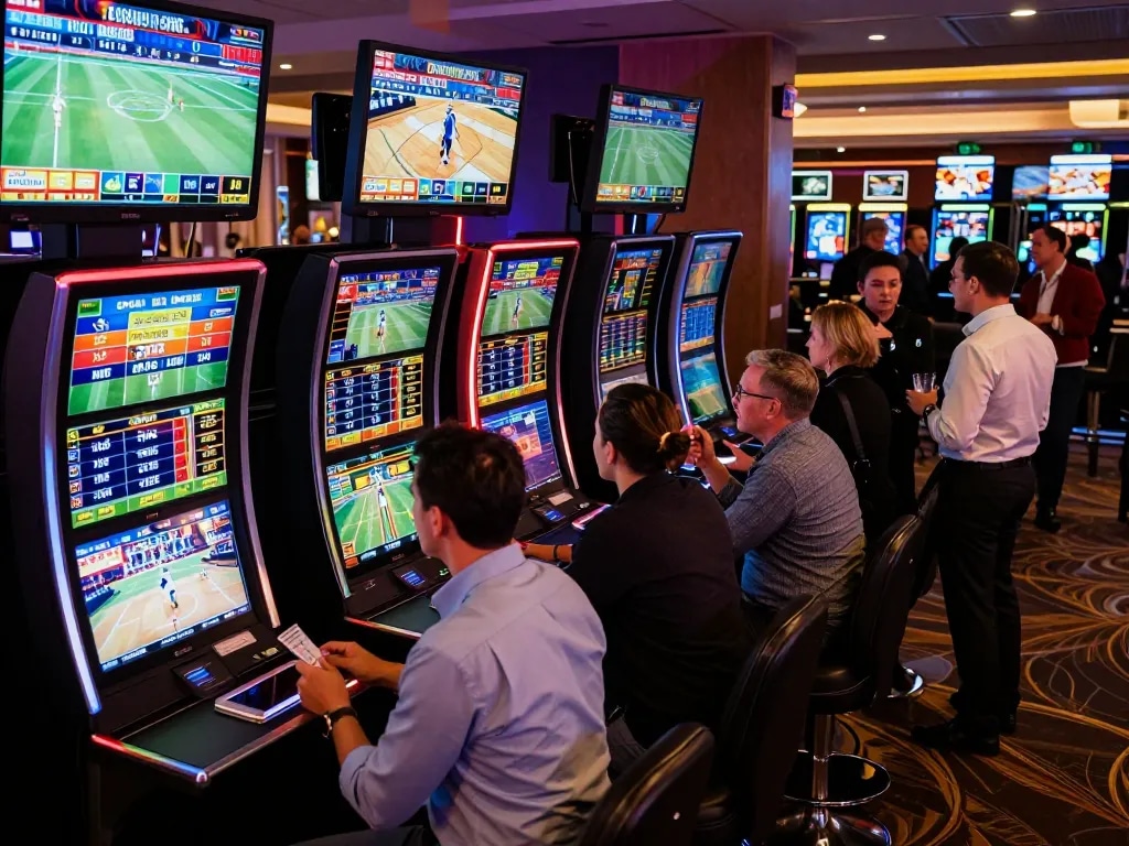 Engaging sports betting scene at a bustling casino showcasing MK8 gaming excitement