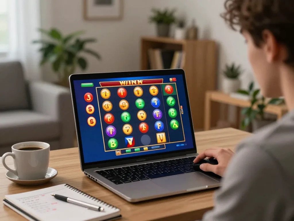 Playing a slot game on a laptop showcasing the excitement of online gambling with 789P.