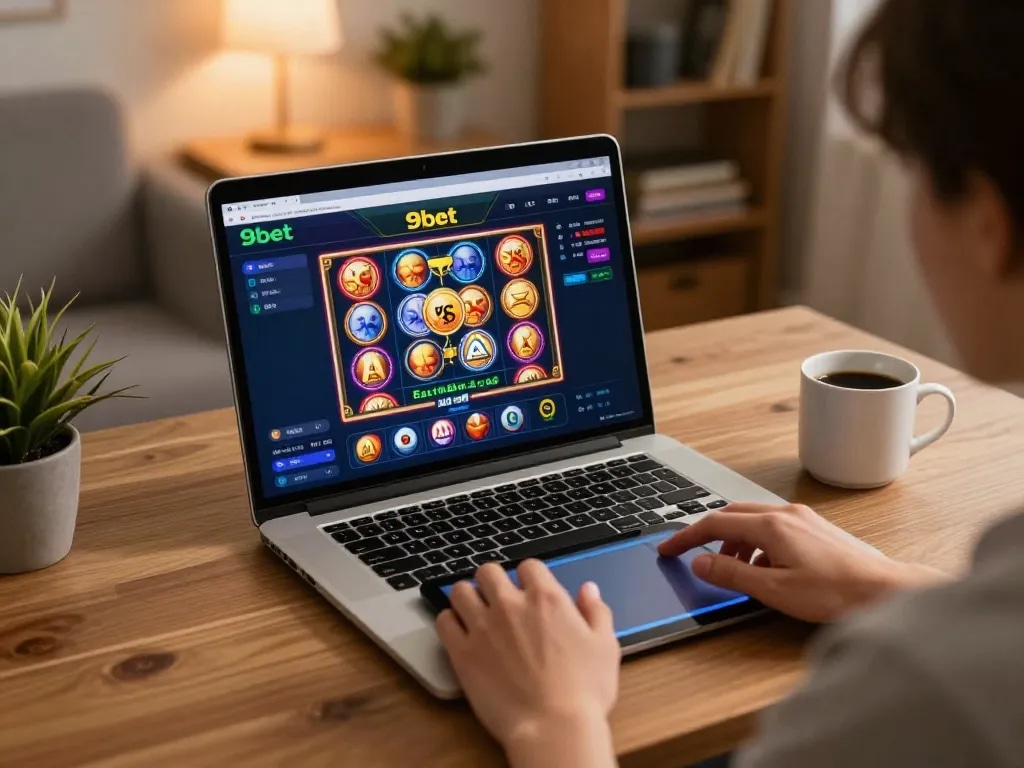 Player immerses in online casino games at 9bet, showcasing a vibrant laptop interface and cozy home setting.