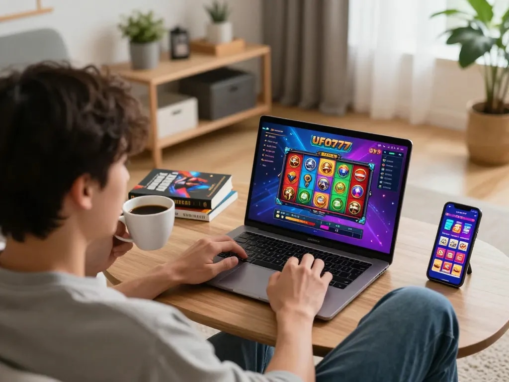 Engaging in UFO777 online slot games from home, showcasing colorful interface and cozy atmosphere