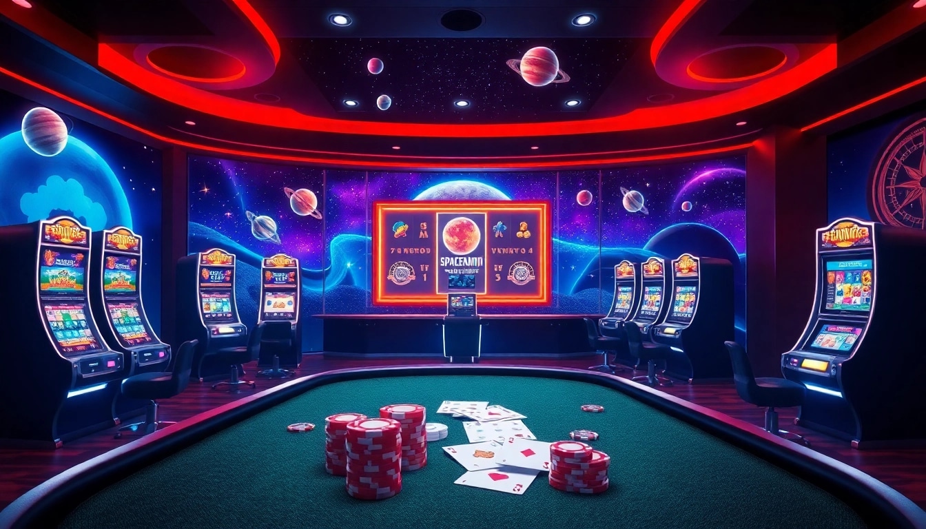 Play on the spaceman slot amidst vibrant luxury casino ambiance featuring modern gaming elements.