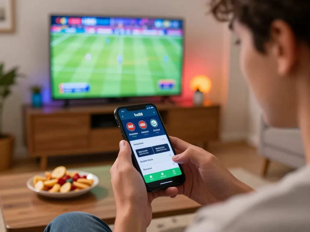 Engaging in sports betting on ho88 via smartphone in a cozy living room setting.