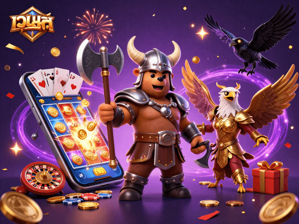 Win big at เว็บสล็อต with vibrant 3D Viking scene featuring dynamic casino games and exciting elements.
