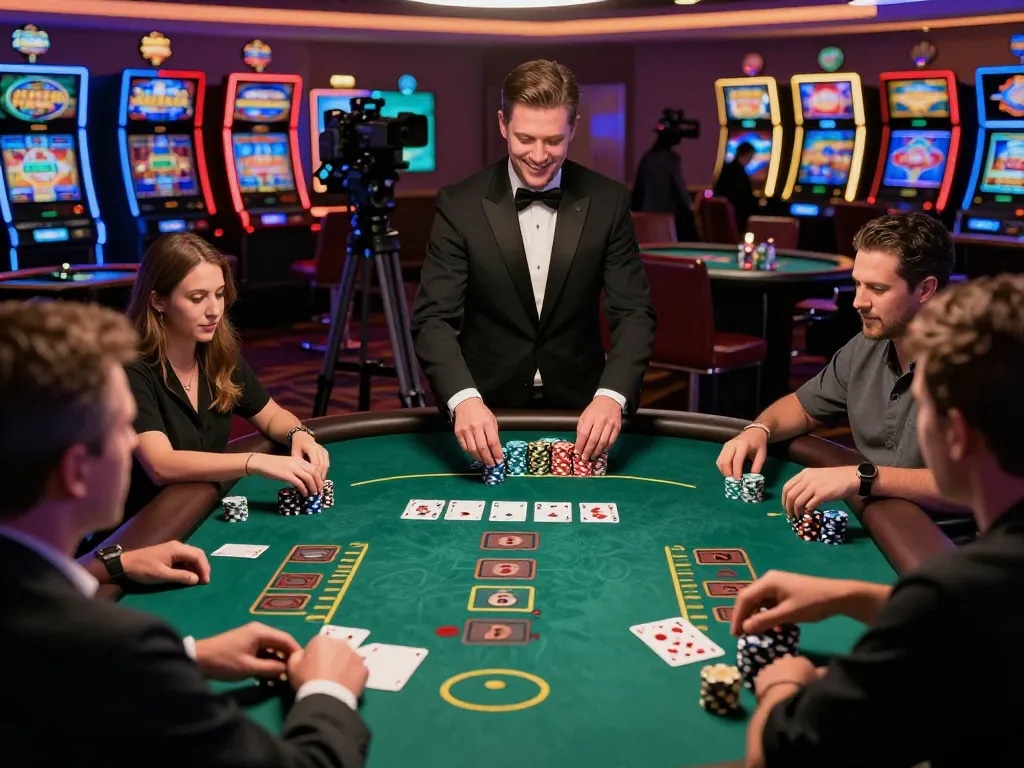 Players strategizing their bets at Fun 88 blackjack table in vibrant Las Vegas casino.