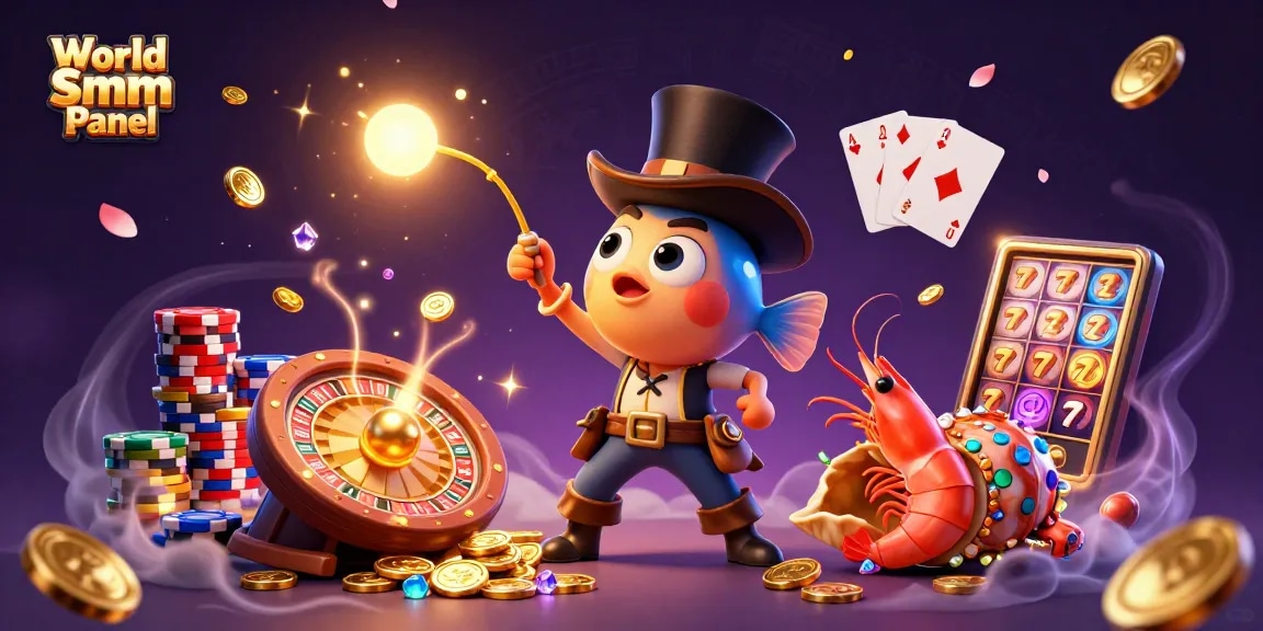 Engage with World Smm Panel through an exciting 3D scene showcasing rich casino elements and vibrant characters.