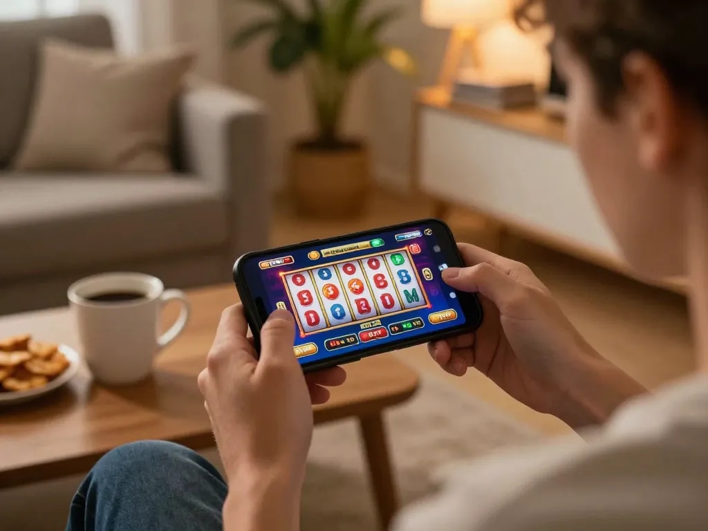 Player engaging with fabet11 mobile casino app, showing exciting slot game interface in cozy home environment.