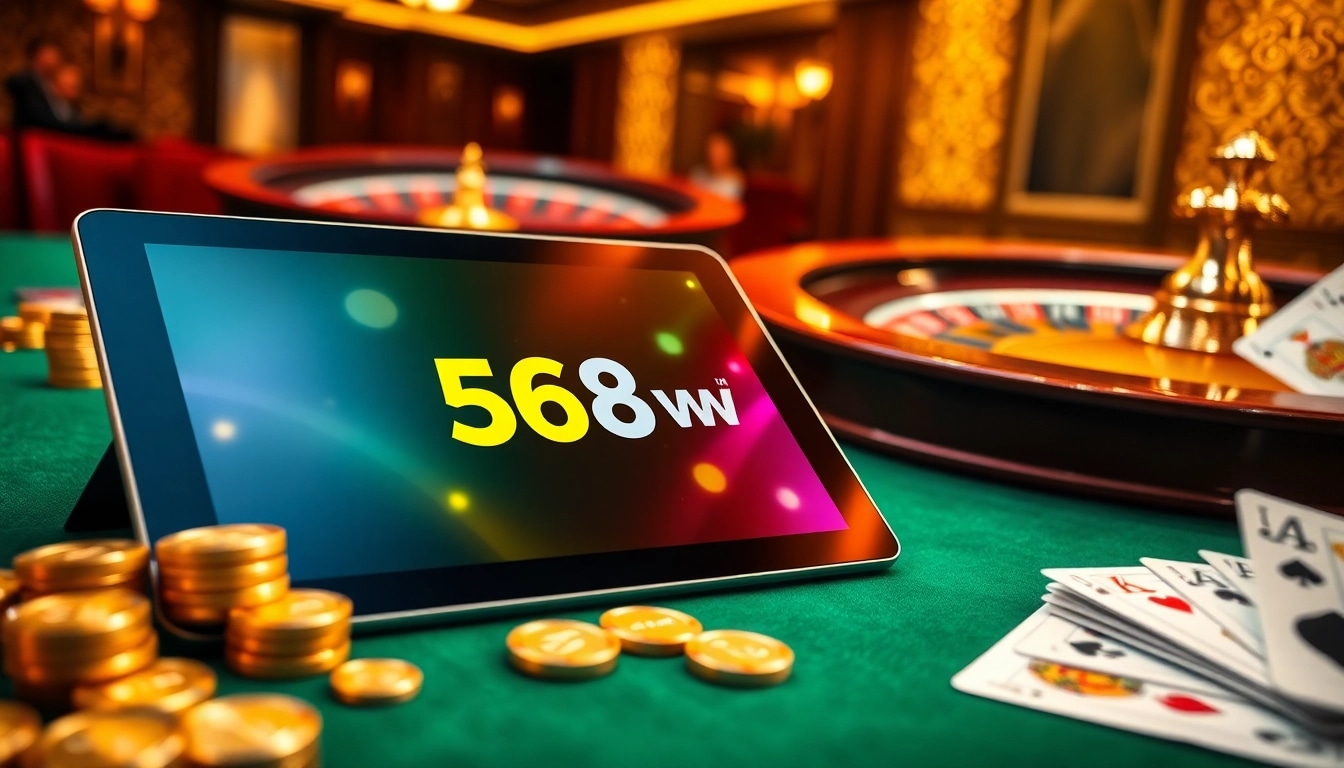 Engaging online gambling scene showcasing 58win with vibrant tablets, poker chips, and a roulette wheel.