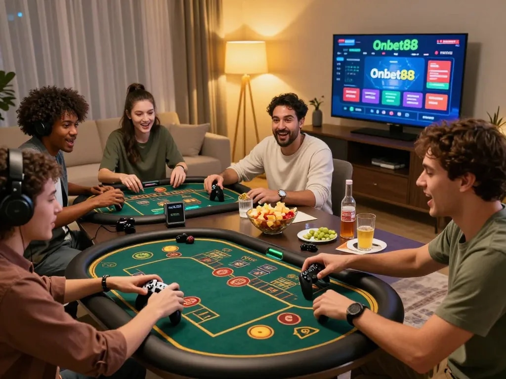 Group of friends enjoying online gaming at home on Onbet88 platform