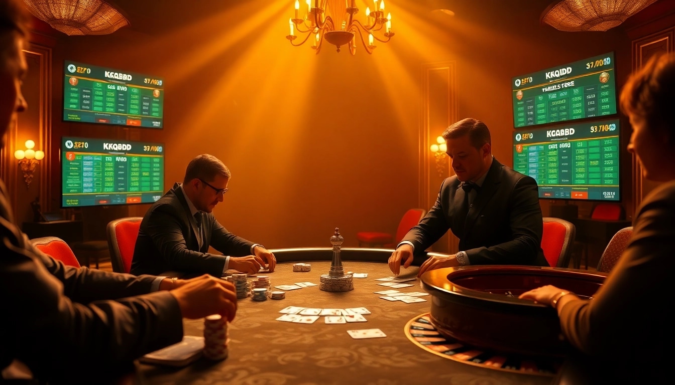 Gambling excitement with KQBD betting scores displayed at a luxury poker table.