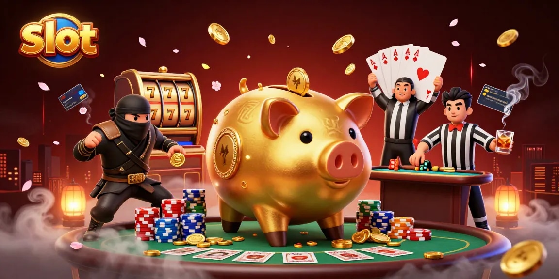 Slot yang menampilkan pertarungan antara karakter kartun dengan tema kasino dengan berbagai elemen slot.