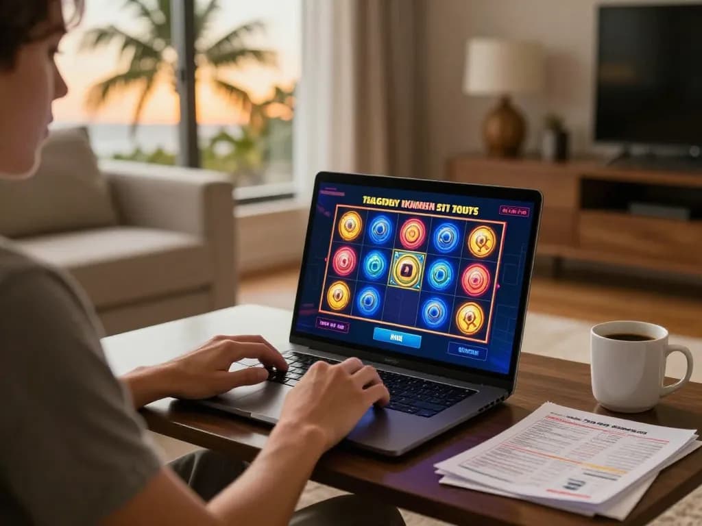 Pengguna yang terlibat dalam login hotplay88 untuk slot online sambil menikmati suasana rumah yang nyaman.