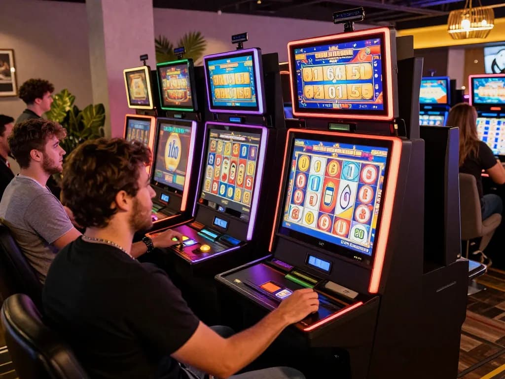 Player enjoying immersive slot 5k gameplay at a colorful online casino, vibrant machines and winning thrills.