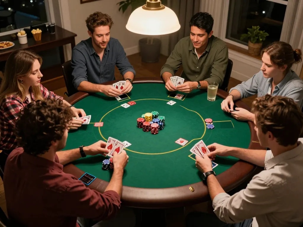 Players enjoying a thrilling poker game at home, showcasing strategic play and excitement with 78win.