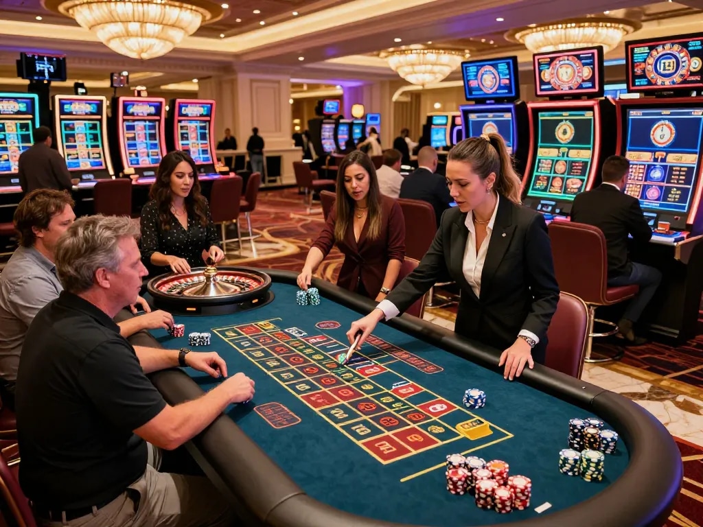 Players engaging with the vibrant TT88 roulette table in an upscale Las Vegas casino.