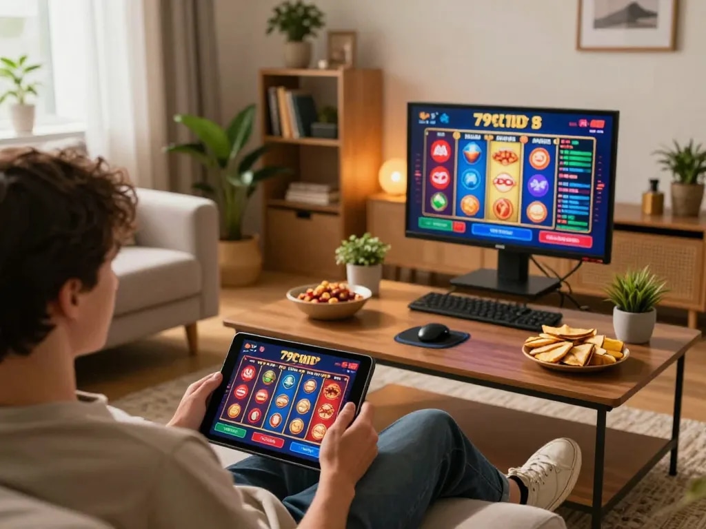 Engaging in 79club online gaming experience on tablet in a cozy home environment