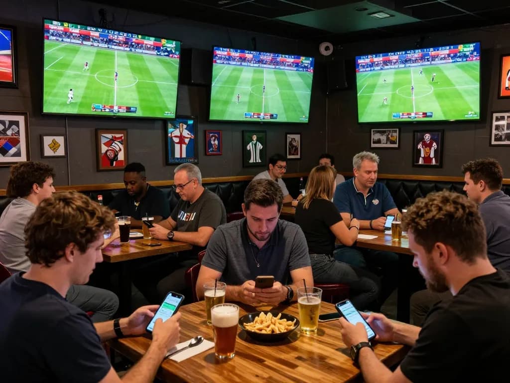 Penggemar taruhan olahraga SPBO yang terlibat dengan aplikasi mobile menonton pertandingan langsung di bar olahraga.