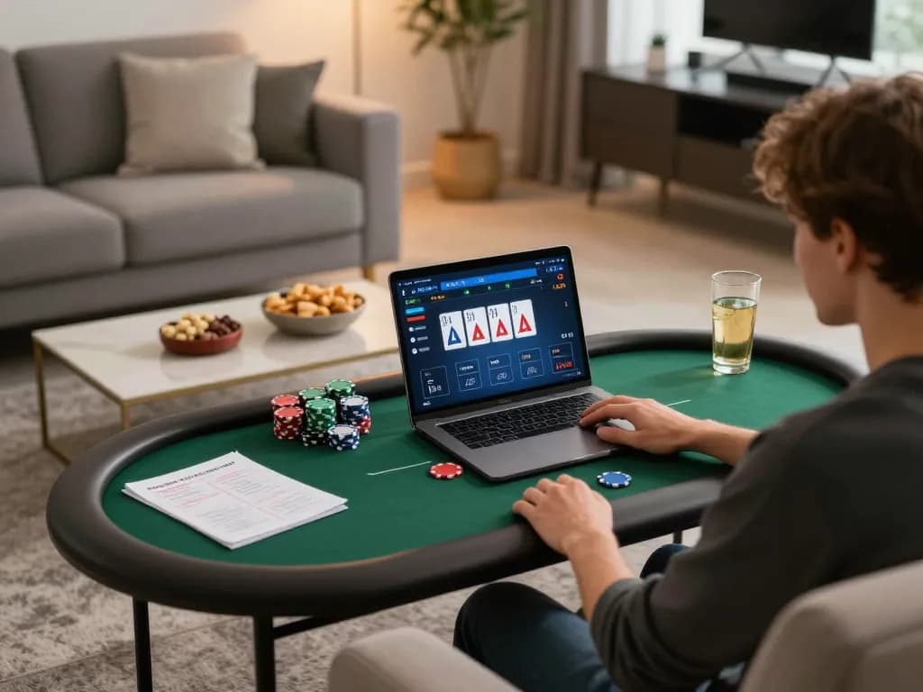 SUNWIN user engaging with an online poker game interface, showcasing strategic gameplay at home.