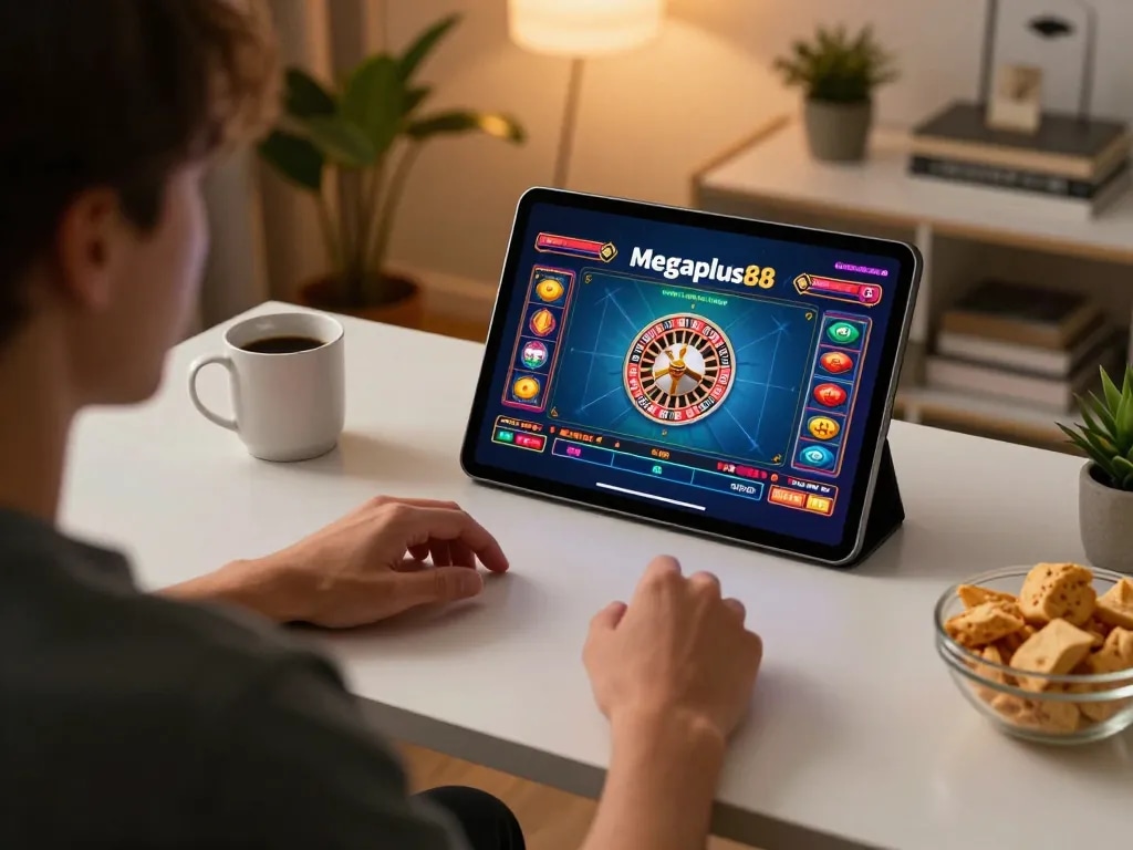 Engaging roulette gameplay on megaplus88, showcasing vibrant game interface in a cozy home setting.