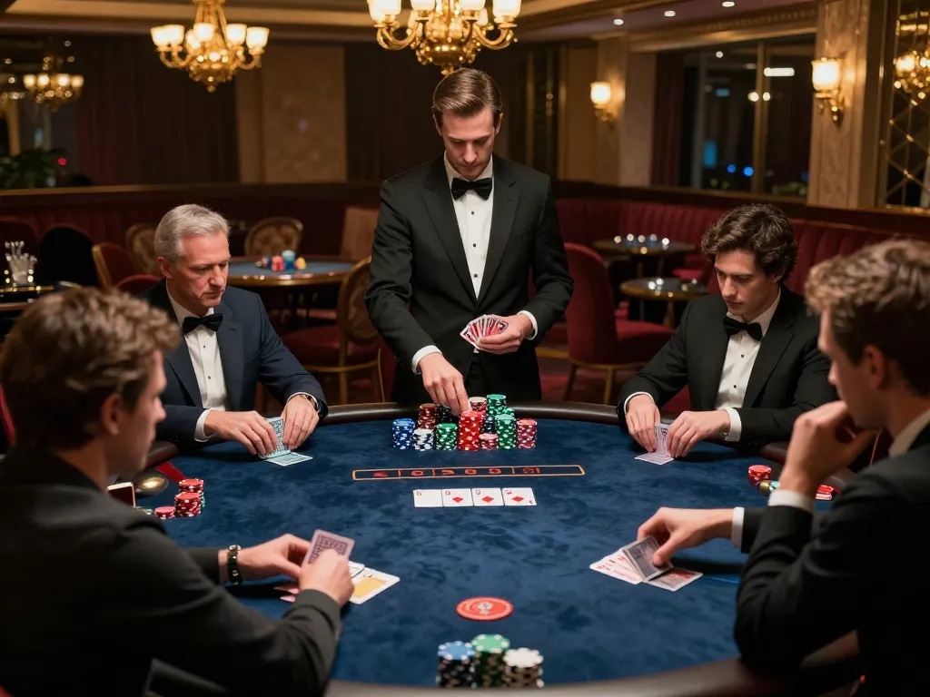 PLANET88 showcases an exciting high-stakes poker game with players deeply engaged in strategic decisions at a luxurious casino.