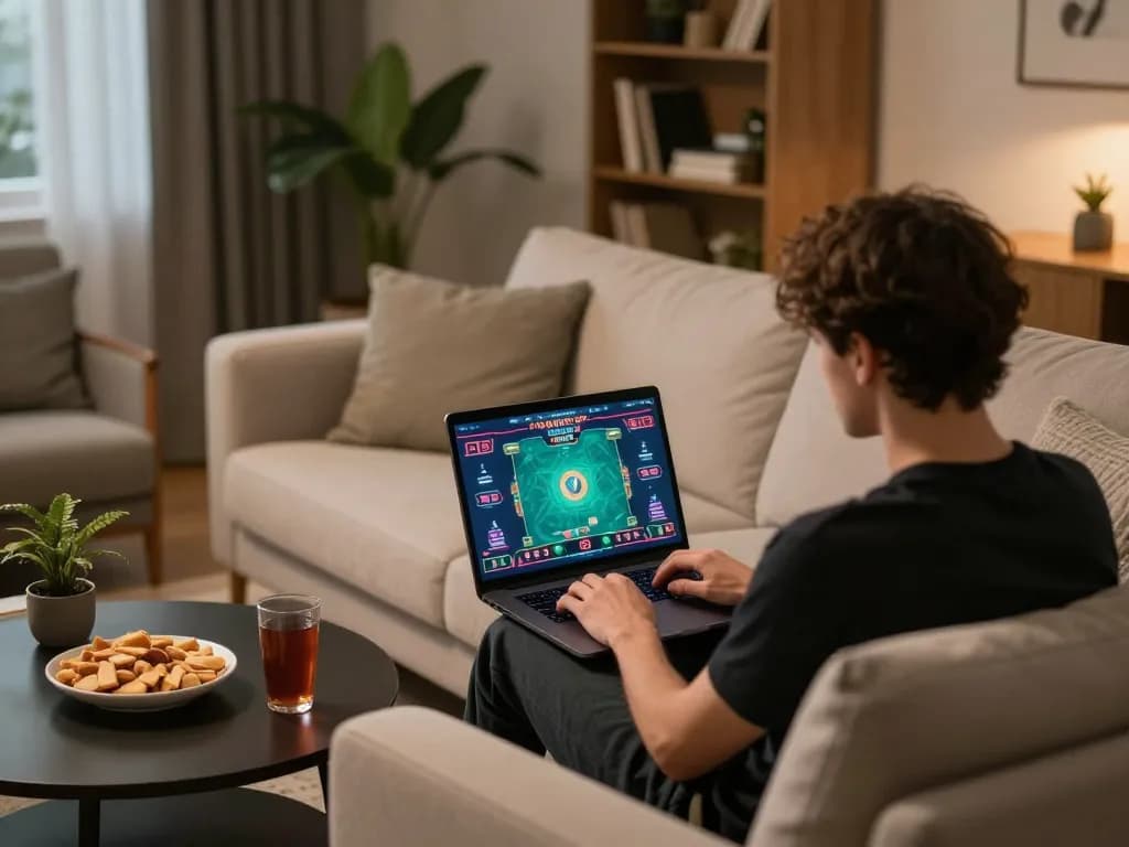 Engaged player enjoying online poker game on 888New in cozy home setting, showcasing strategic gameplay.