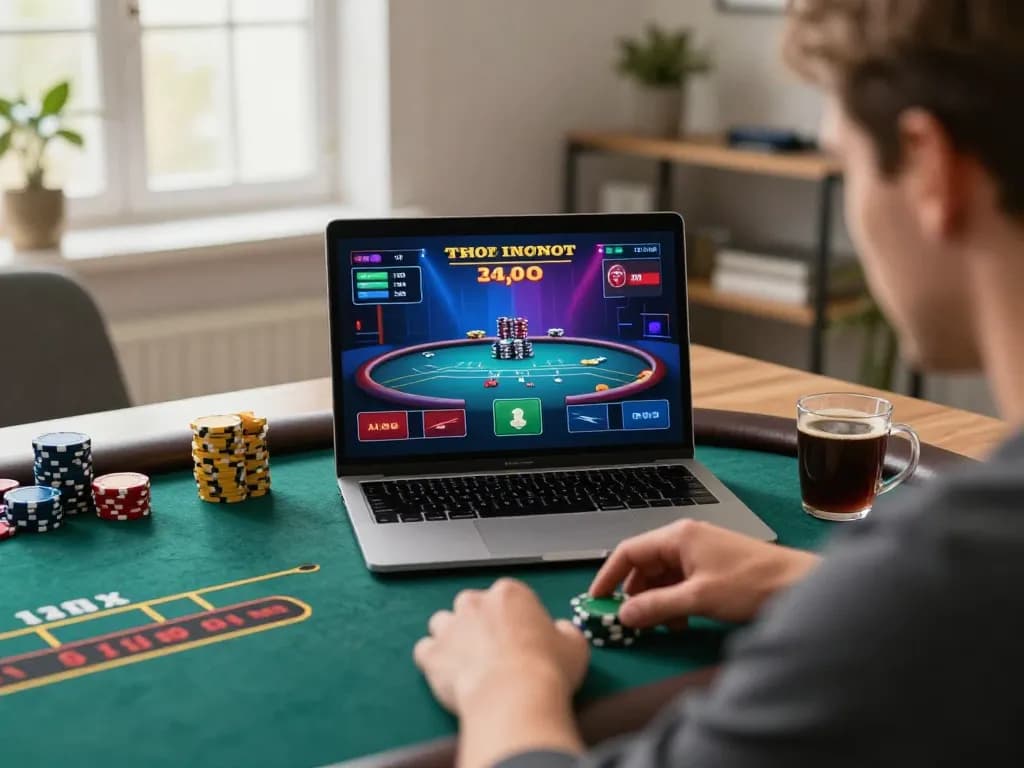 SC88 online player strategizing during an intense poker game in a modern setup