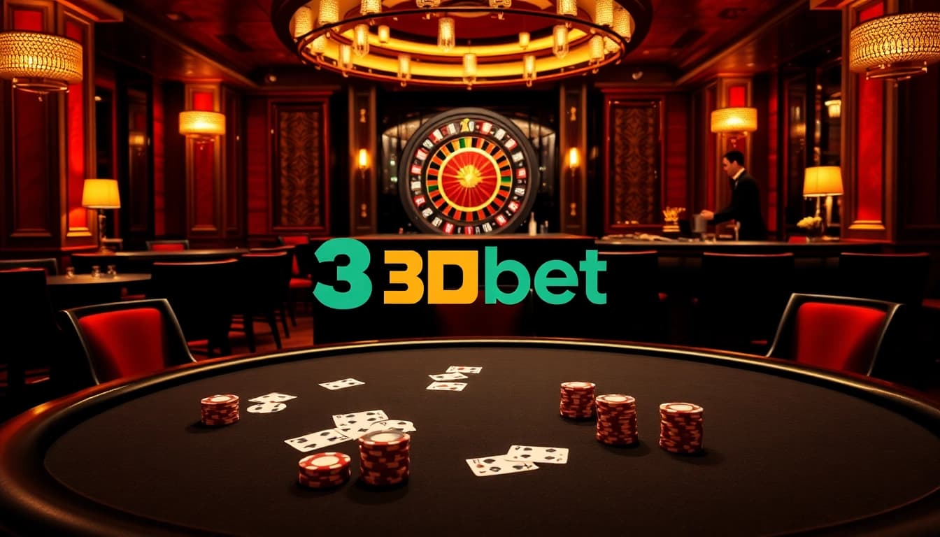 Experience high-stakes gambling at 3Dbet's luxurious casino scene with poker tables and roulette.