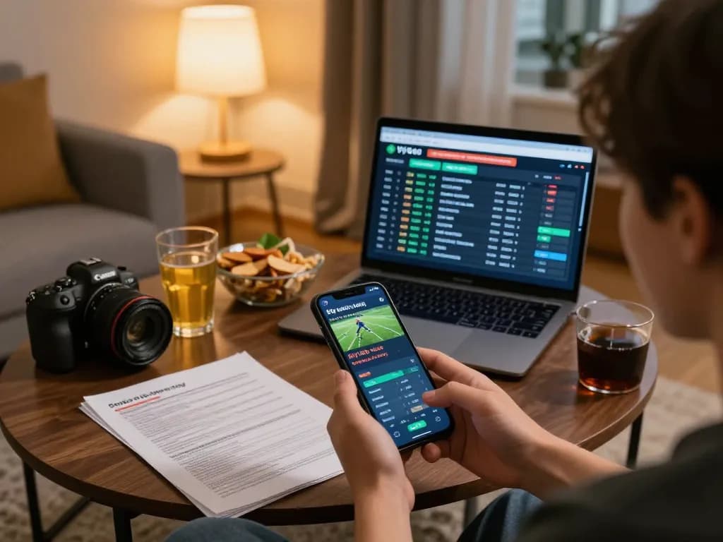 Engaged user checks tỷ lệ kèo nhà cái hôm nay on a smartphone in a cozy home betting setup